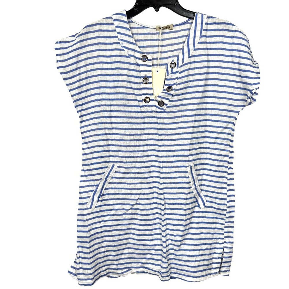 Alessia Pacini Linen Mini Dress Small Blue White Striped Nautical Beachy Italy